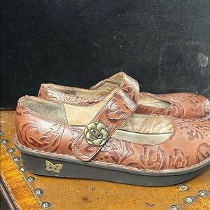 Alegria Brown Embossed Leather Mary Janes